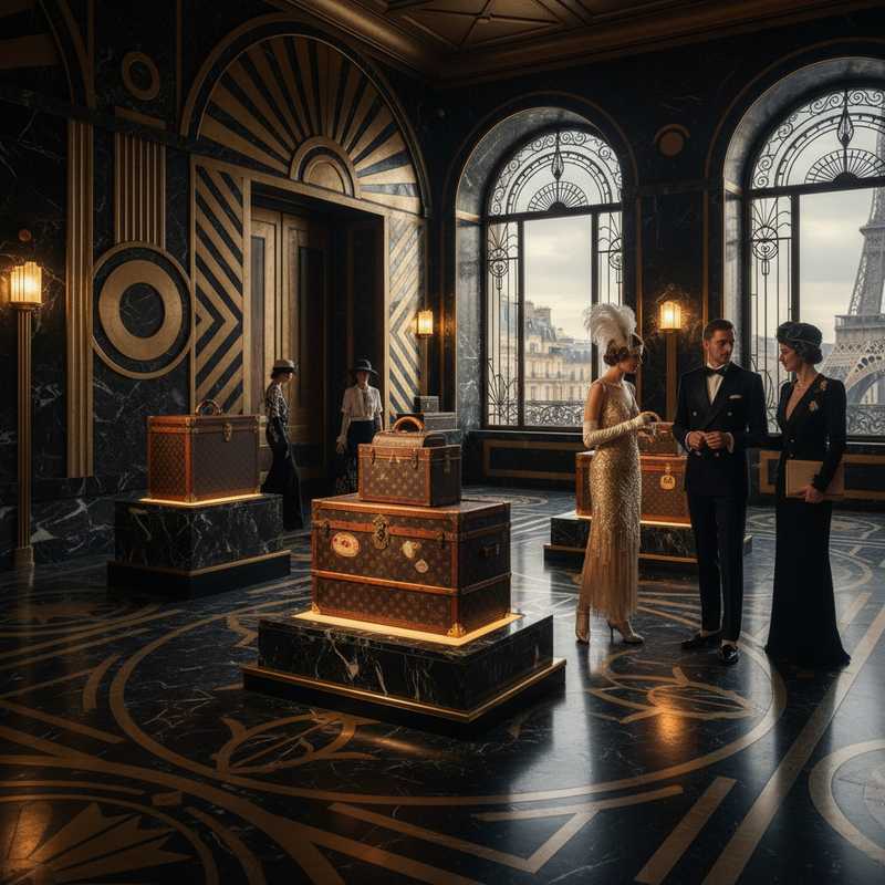 Art Deco tentoonstellingsruimte met vintage Louis Vuitton koffers en geometrische patronen uit 1925