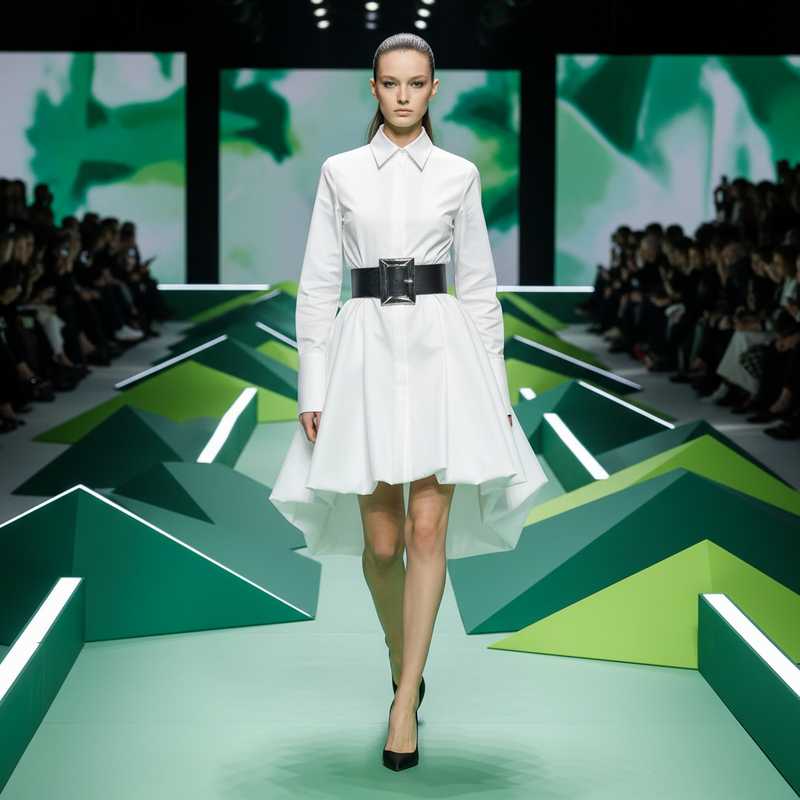 Woman in all-white Louis Vuitton outfit with pointed collar dress, bubble hem skirt and black belt at Paris Fashion Week runway show