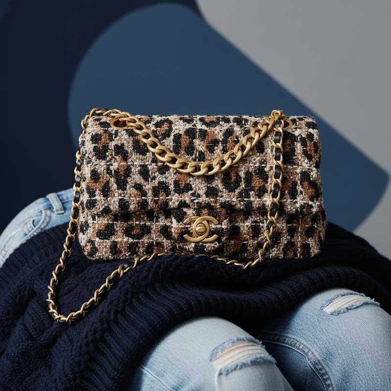 Chanel leopard-print tweed flap bag with gold chain and CC hardware from 2026 Métiers d'art collection