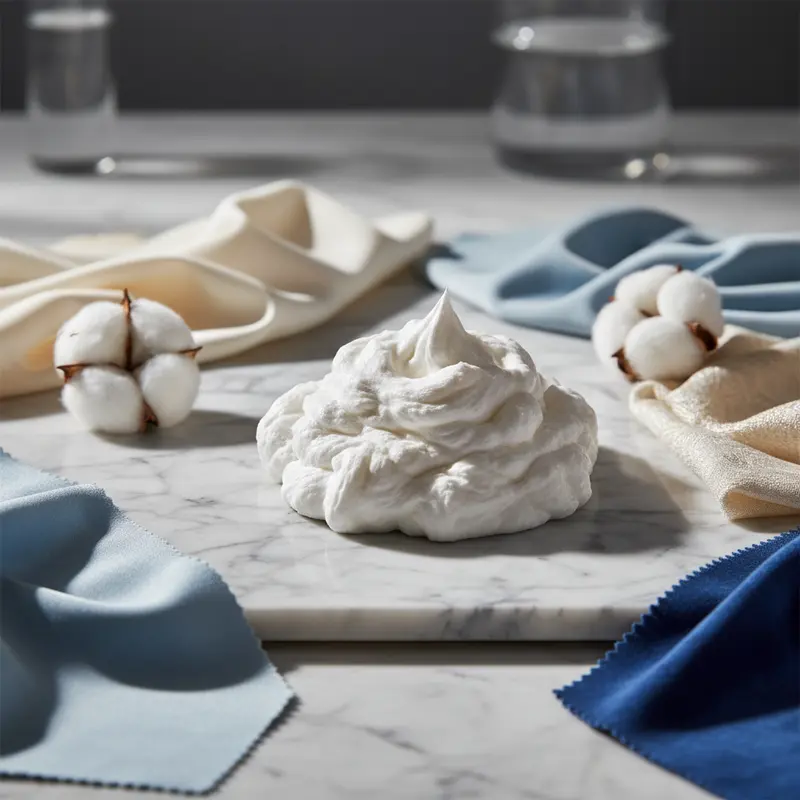 Luxueuze witte gezichtscrème met wolkachtige textuur op marmer, omringd door katoenbloesems en couture-stoffen