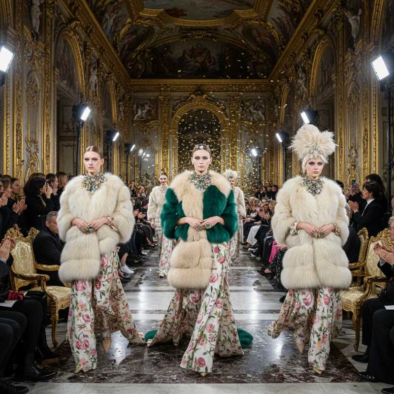 Fashion models on baroque palace runway wearing layered fur stoles and crystal collars at Valentino Fall-Winter 2026 show
