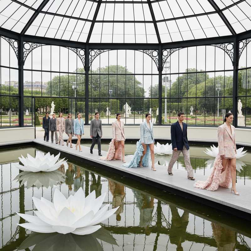 Fashion models walking on elevated runway through glass greenhouse with oversized waterlily sculptures in reflecting pool during Dior Fall Winter 2026 show