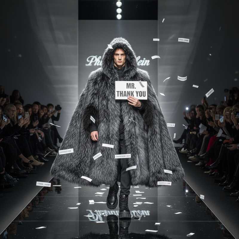 Fashion runway show with philanthropist walking in luxury winter collection at Milan Fashion Week