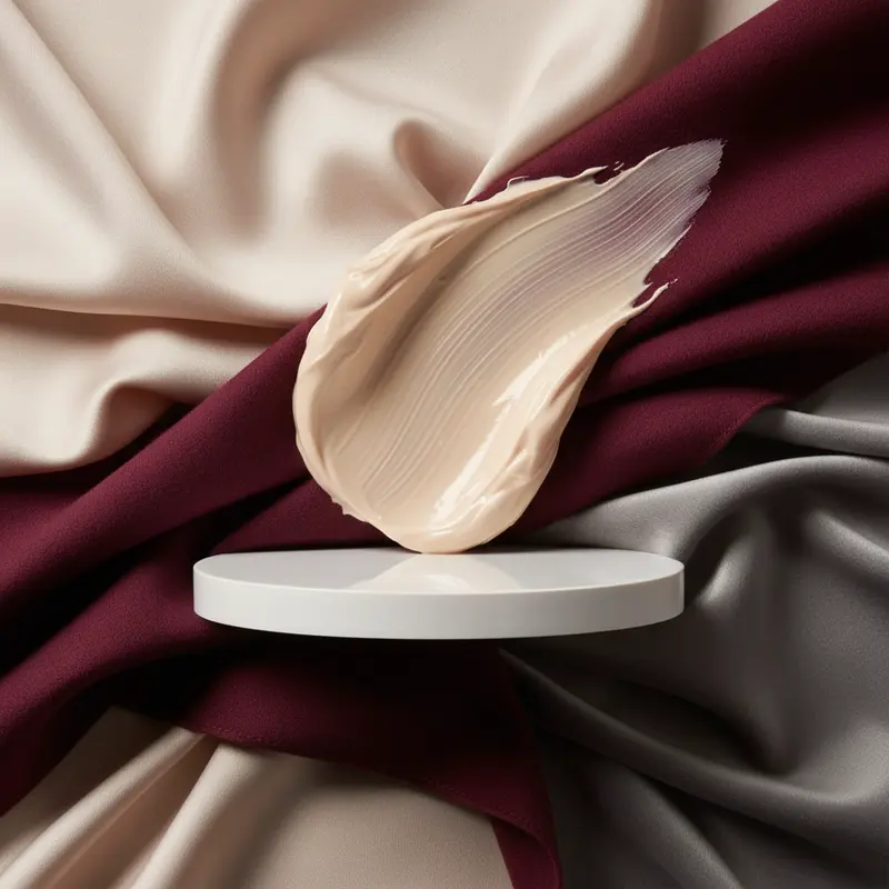 Luxe cosmetische crème met fluwelen textuur gepresenteerd op zijden en kasjmieren stoffen in studioverlichting