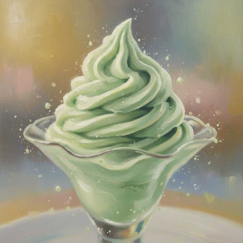 Een Monet-achtig schilderij van een romige pistache-gelato in zachte groene en crème tinten, met subtiele lichte accenten die de luchtige textuur benadrukken en een gevoel van luxe oproepen.