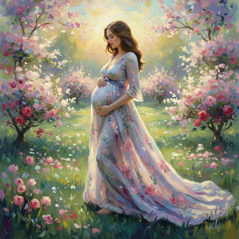 Een impressionistisch schilderij in Monet-stijl van een elegante vrouw in een bloeiende tuin, gekleed in pastel- en juweelkleurige stoffen met bloem- en abstracte patronen, badend in zacht, stralend licht.