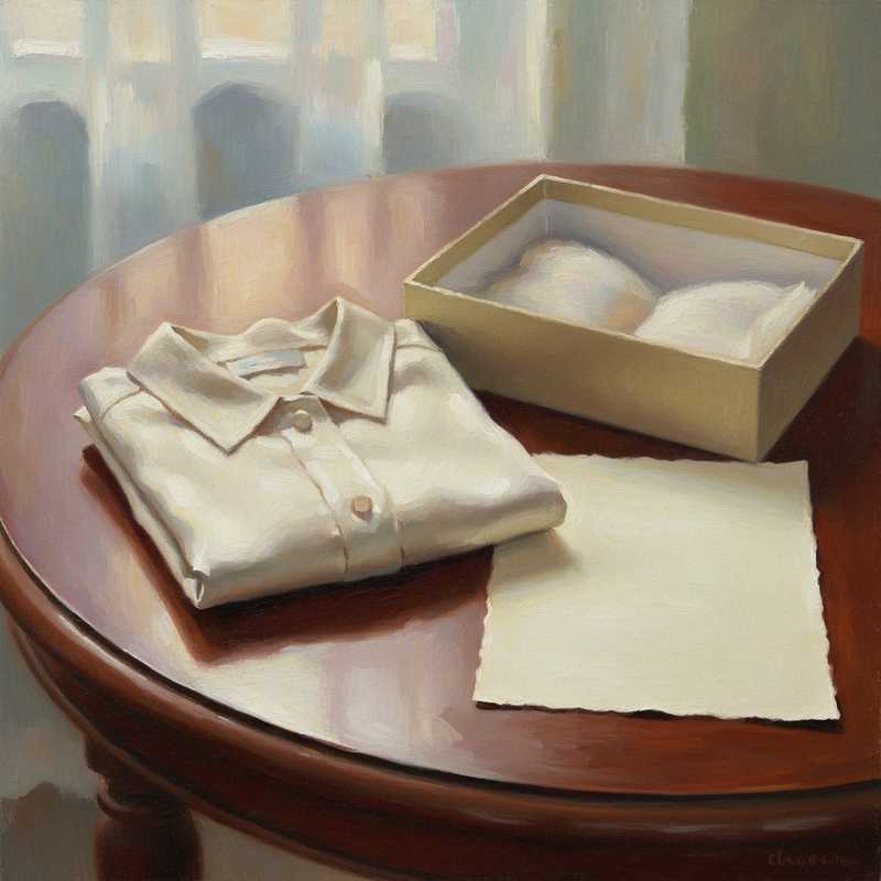 Een Monet-achtig schilderij van een zorgvuldig gevouwen kledingstuk op een zacht verlichte tafel, naast een luxe doos en een discreet retourformulier, alles in serene pasteltinten.