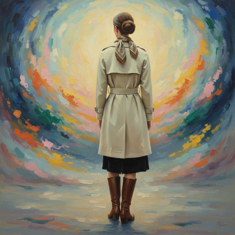 Een Monet-achtige schildering van een figuur in elegante, klassieke kleding die rustig staat te midden van vage, kleurrijke vormen die snelle modetrends symboliseren. De figuur straalt authenticiteit en zelfvertrouwen uit, met de rug naar de kijker.