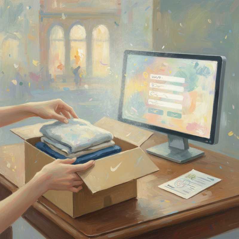 Een Monet-stijl schilderij van handen die zorgvuldig een product inpakken, een computer met een retourformulier, een printlabel, en een vaag afgebeeld afleverpunt in zachte, dromerige tinten.