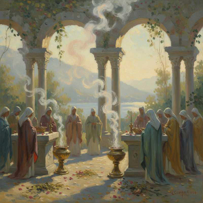 Een impressionistisch schilderij in Monet-stijl van een oud ritueel, met silhouetten van figuren en opstijgende geurende rook uit een offerplaats, omringd door zachte, mystieke kleuren.