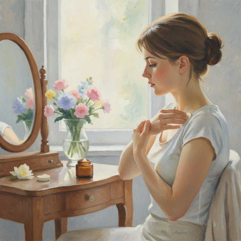 Monet-stijl schilderij van een vrouw die een natuurlijke deodorantbalsem aanbrengt onder zacht ochtendlicht.
