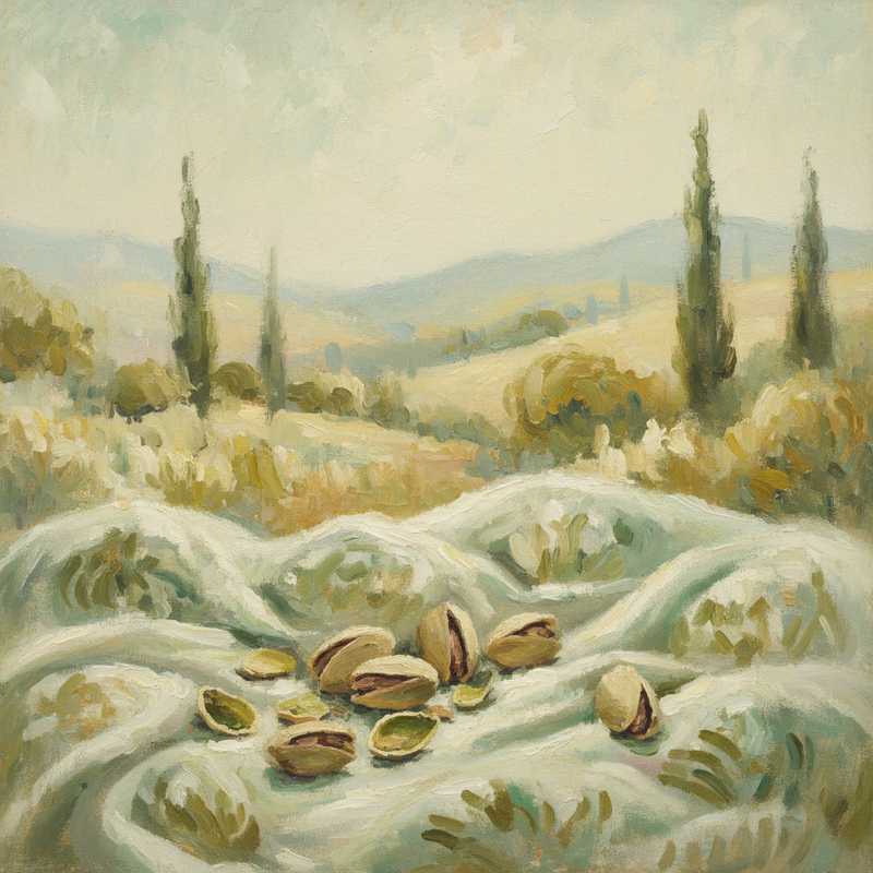 Een Monet-stijl schilderij met zachte pistachegroene, crème en gouden tinten, met in de voorgrond delicate, geabstraheerde pistachenoten en op de achtergrond een onscherp, mediterraan landschap.