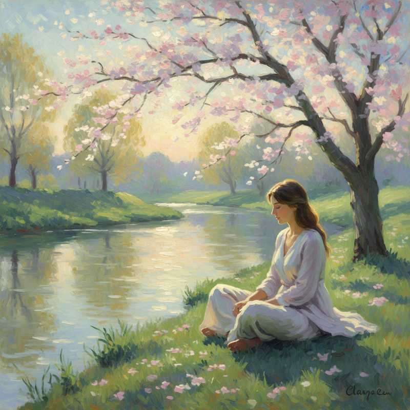 Een Monet-achtig schilderij van een persoon die mediteert in een vredig landschap, omringd door zachte kleuren en vloeiende vormen. De persoon kijkt naar binnen, wat de nadruk legt op introspectie en het luisteren naar interne signalen, zonder afleidingen.