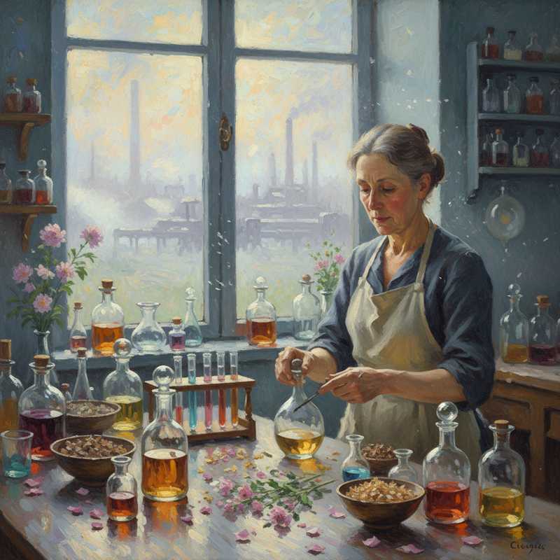 Een Monet-stijl schilderij dat een parfumeur afbeeldt in een traditioneel atelier, met bloemen en flacons, terwijl op de wazige achtergrond een moderne fabriekshal te zien is, symboliserend de ethische spanning tussen luxe ambacht en massafabricage van parfum.