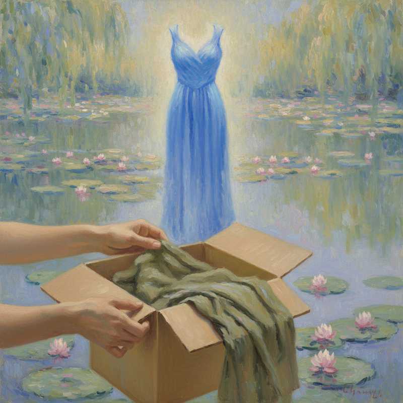 Een Monet-achtig schilderij van handen die een discreet pakket openen waaruit een kledingstuk tevoorschijn komt. Op de zacht vervaagde achtergrond is een geïdealiseerde, levendigere versie van het kledingstuk te zien, wat de kloof tussen de online verwachting en de fysieke realiteit symboliseert. De kleuren zijn dromerig en zacht, passend bij de overgang van hoop naar milde teleurstelling.
