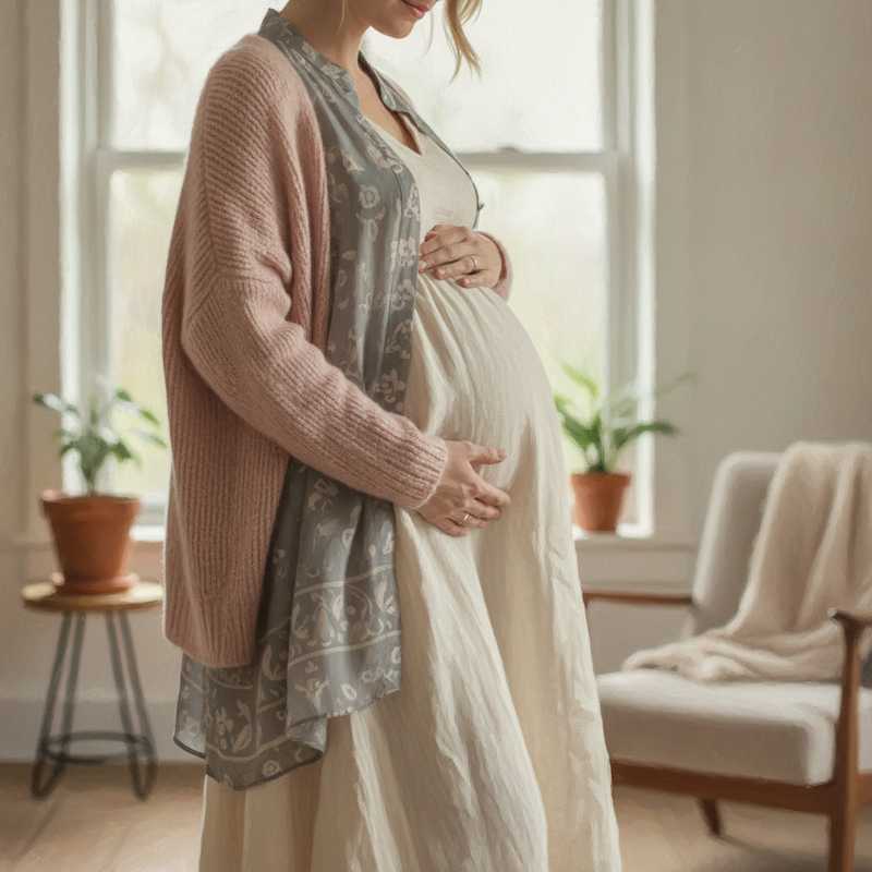 Een Monet-stijl schilderij van een zwangere vrouw in vloeiende, gelaagde kleding in pastelkleuren, staand in zacht licht, de stoffen benadrukken comfort en elegantie.