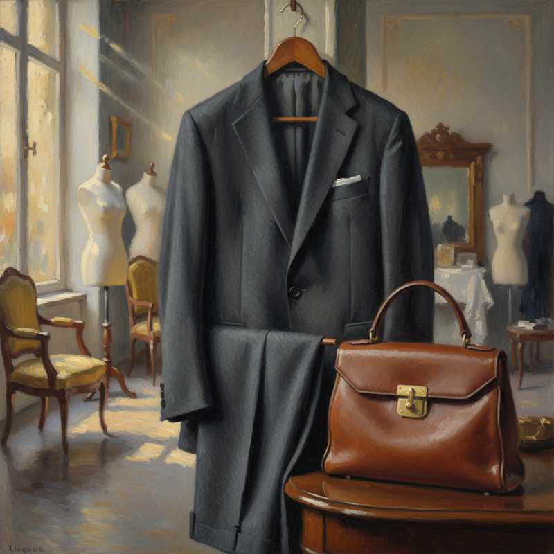 Een Monet-stijl schilderij toont een klassiek gesneden maatpak naast een vintage lederen handtas, met zachte lichtinval die de hoge kwaliteit en het vakmanschap van de materialen benadrukt.