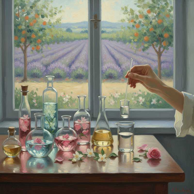 Een Monet-achtig schilderij van een parfumeur aan het werk, met glazen flessen, bloemen en extractie-apparatuur, badend in zacht licht met een dromerig landschap op de achtergrond.