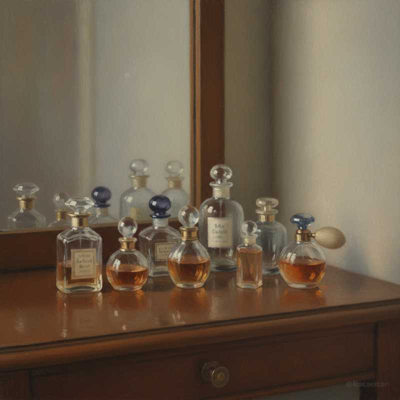 Monet-stijl schilderij van een antieke kaptafel met diverse, elegante vintage parfumflacons, zacht verlicht door een raam, met een algemene sfeer van nostalgie en verfijning.