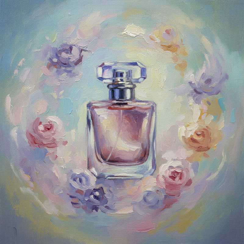 Een abstract schilderij in Monet-stijl van een vaag parfumflesje omringd door pastelkleurige geurwolken. Het geheel symboliseert de kunst van geurimitatie en de perceptie van luxe.