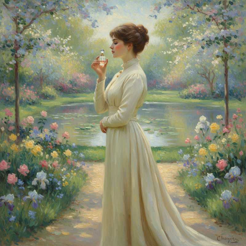 Een Monet-stijl schilderij van een elegante vrouw in een vintage jurk, die bedachtzaam een delicate parfumfles vasthoudt in een weelderige tuin, symboliserend de persoonlijke reis naar het vinden van een unieke geur.