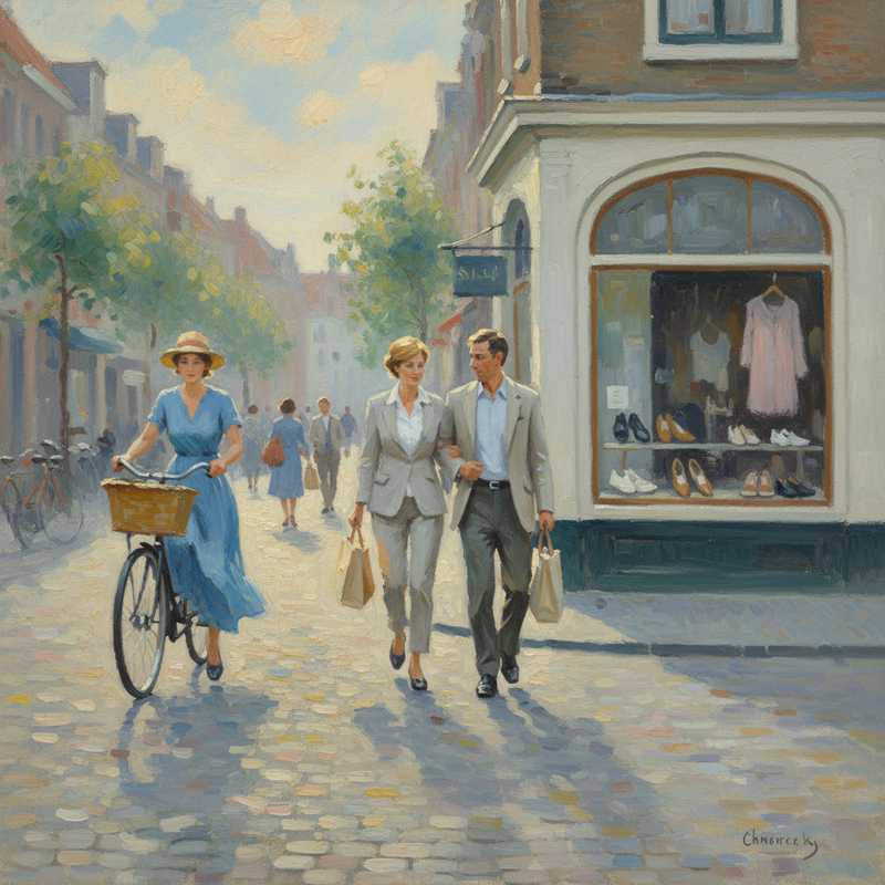 Een impressionistisch Monet-stijl schilderij van een rustig Nederlands stadsplein met enkele figuren gekleed in comfortabele, alledaagse kleding, met op de achtergrond een winkelpui en een fiets. De kleuren zijn zacht en diffuus, de sfeer sereen.