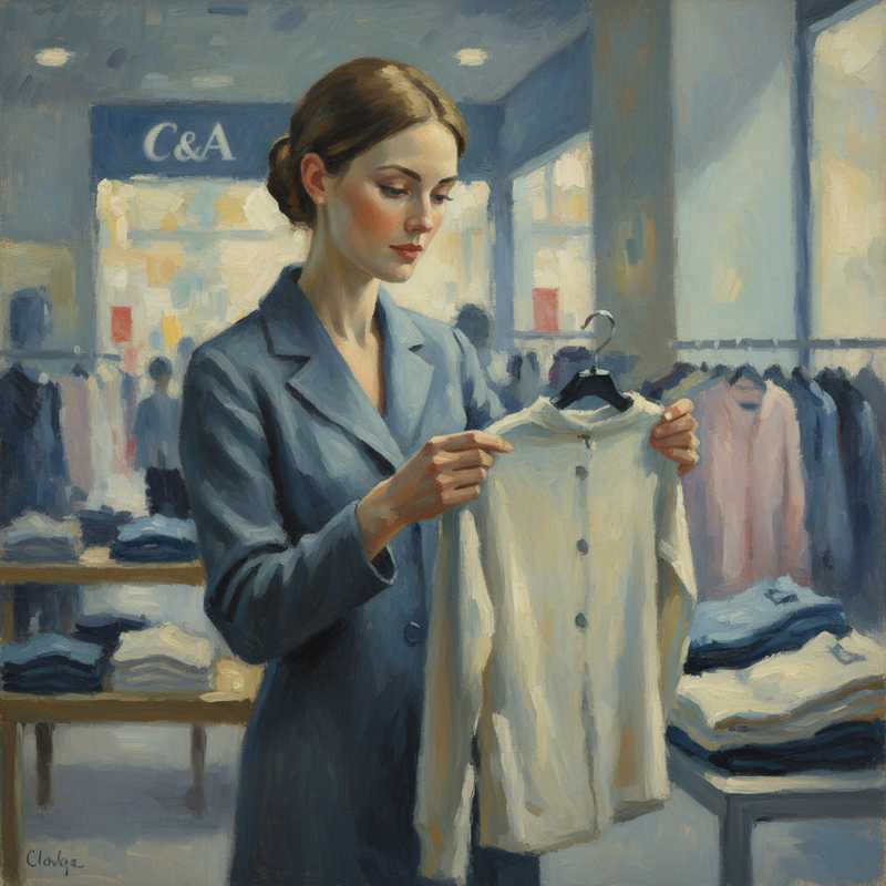 Een Monet-achtig schilderij van een persoon, gekleed in tijdloze mode, die met geconcentreerde blik een kledingstuk inspecteert in een zacht verlichte winkelomgeving. De focus ligt op details en materiaalkeuze, weergegeven met zachte penseelstreken en een harmonieus kleurenpalet.