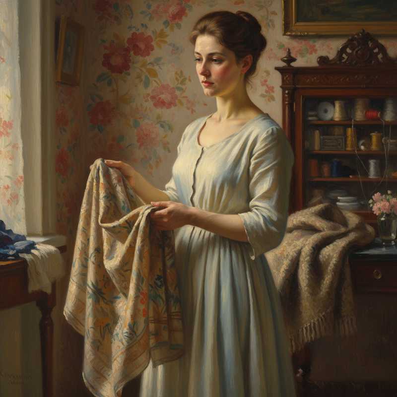 Een Monet-stijl schilderij van een vrouw die met zachte hand een vintage ogende stof inspecteert, met een sfeer van rust en waardering voor ambacht.