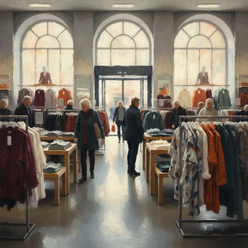 Een Monet-achtig schilderij van een kledingwinkelinterieur. Zacht licht valt door een raam op rijen met kleurrijke, maar ingetogen, kledingstukken. Vage, impressionistische figuren van mensen lopen tussen de rekken door. De sfeer is rustig en trendbewust.