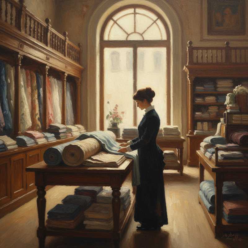 Een Monet-stijl schilderij van een elegant, lichtdoorstroomd warenhuisinterieur uit begin 20e eeuw, met een silhouet dat stof aanraakt.