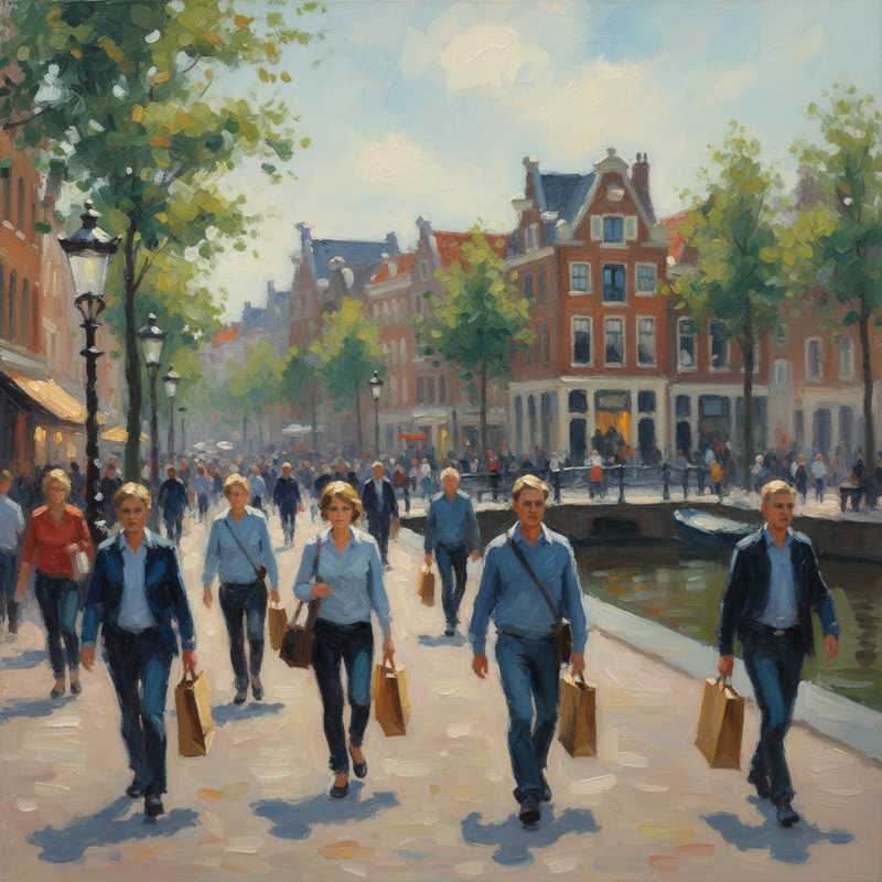 Een impressionistisch schilderij in Monet-stijl van een levendige winkelstraat, met vage figuren die winkeltassen dragen, en op de achtergrond de subtiele omtrek van een historisch Nederlands grachtenpand.