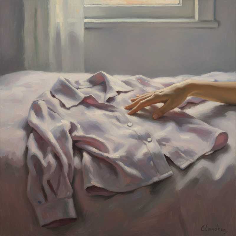 Een Monet-stijl schilderij toont een zachtgekleurde, enigszins gekreukte blouse die op een oppervlak ligt, met een hand die er voorzichtig over wrijft. De afbeelding straalt een gevoel van ingetogen teleurstelling en contemplatie uit, met zachte penseelstreken en diffuus licht kenmerkend voor de impressionistische stijl.