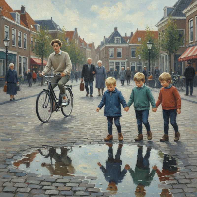 Een Monet-achtig schilderij van een druk stadsplein in Nederland, met mensen van verschillende leeftijden die functionele en comfortabele kleding en schoenen dragen, wat de veelzijdigheid en betaalbaarheid van alledaagse mode symboliseert.