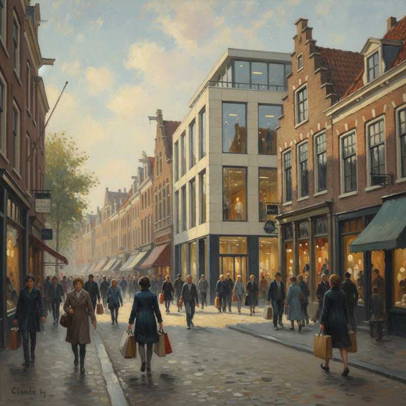 Een Monet-achtig schilderij van een levendige Nederlandse historische winkelstraat in Dordrecht, met oude gevels en een prominente moderne winkel, badend in zacht licht met stromende mensen.