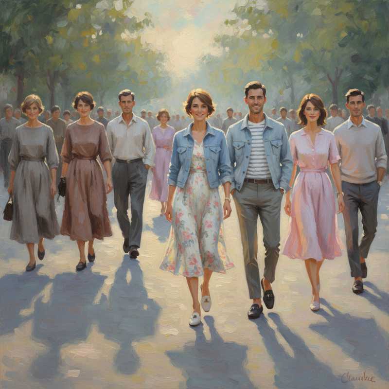 Een Monet-achtig schilderij dat de transformatie van C&A van eenvoudige kleding naar moderne, trendy mode weergeeft, met diverse mensen in stijlvolle, betaalbare outfits.