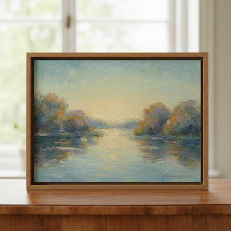 Een Monet-stijl schilderij met zachte, vloeiende kleuren die rust en financiële balans uitstralen, met subtiele golvende lijnen die digitale transacties symboliseren.