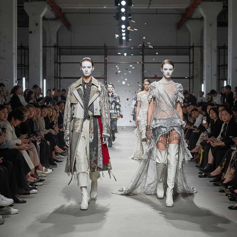 Models in experimentele Maison Margiela kleding lopen op catwalk tijdens Shanghai Fashion Week show met publiek