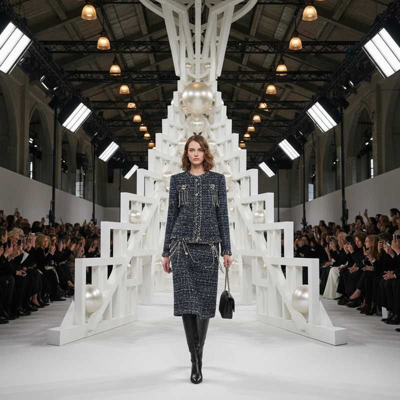 Model in Chanel tweed suit met chain details op de catwalk tijdens Paris Fashion Week Fall Winter 2025/2026 presentatie