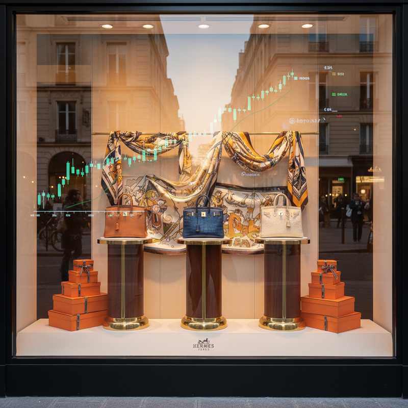 Luxury Hermès store window display with orange boxes and Birkin bags showcasing Q1 2026 performance