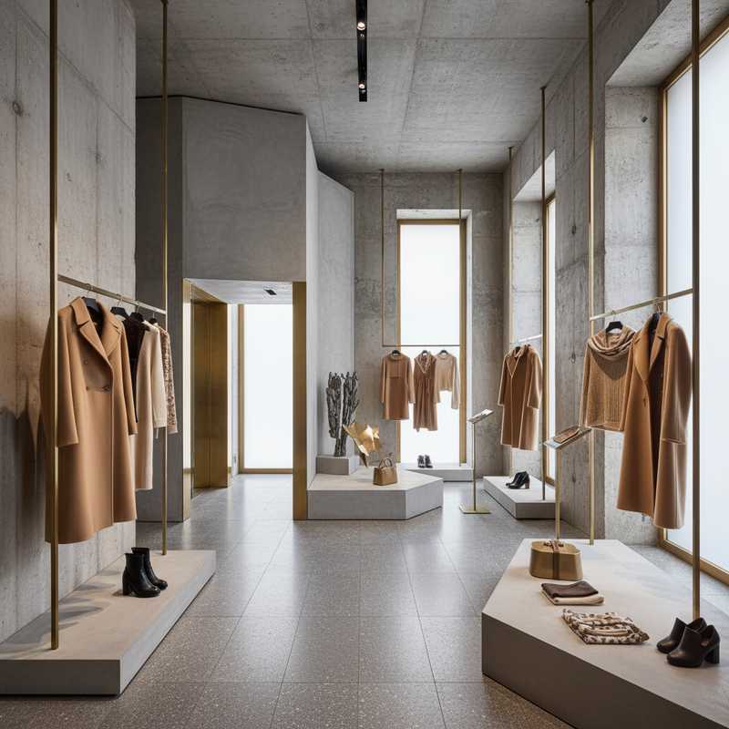 Modern brutalist luxury fashion store interior with concrete walls and elegant designer clothing displays
