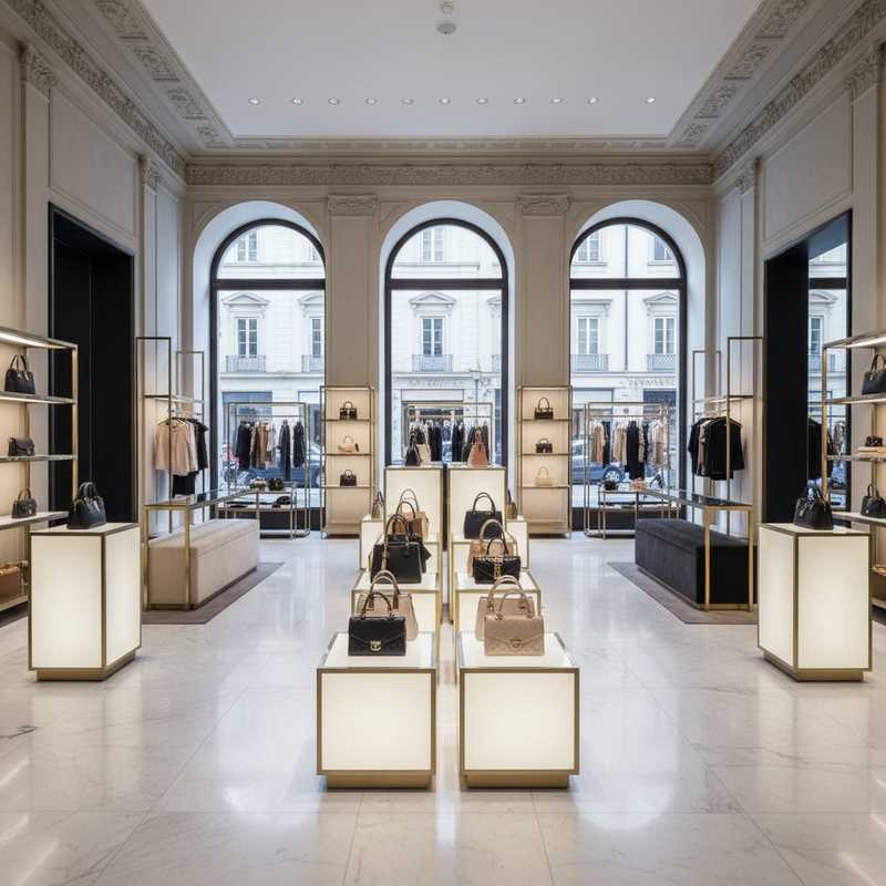 Empty luxury fashion boutique interior with designer handbags on display showing reduced customer activity