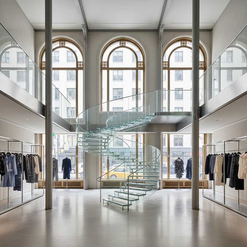 Luxueus bi-level interieur van Issey Miyake flagship store met glazen trap en historische Beaux-Arts architectonische elementen