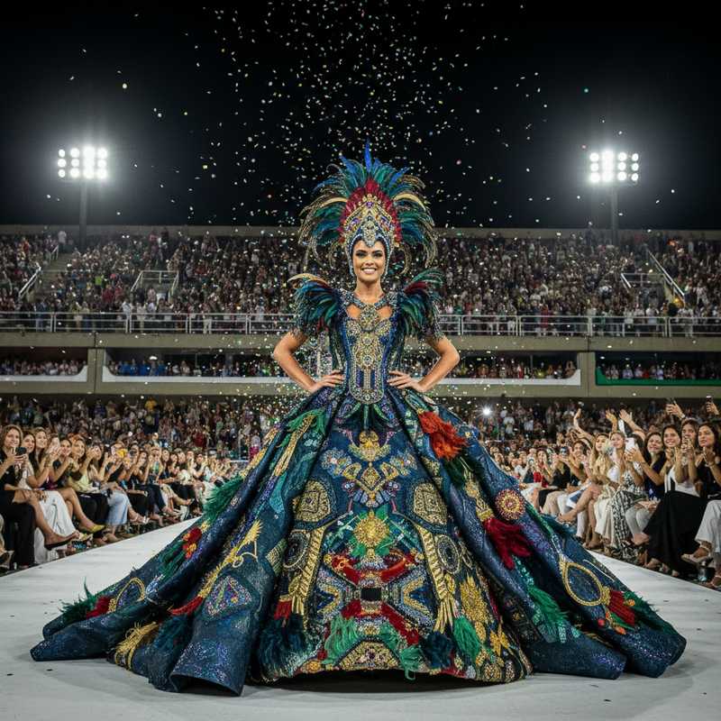 Model op catwalk tijdens Rio Fashion Week 2026 in cultureel geïnspireerde couture jurk op Marques de Sapucaí