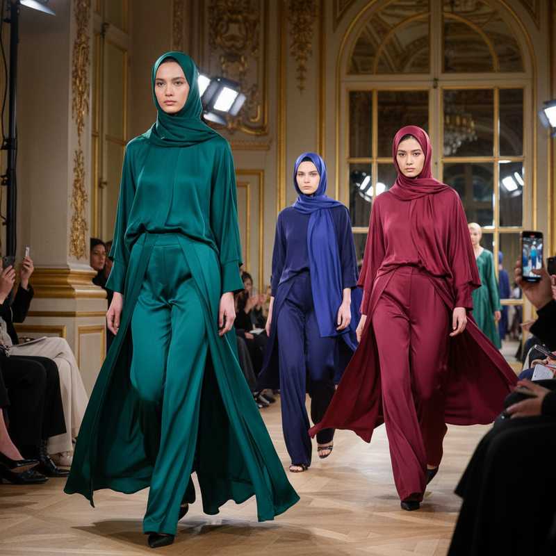 Models in elegant modest fashion designs walking runway at Paris Modest Fashion Week in luxurious French venue
