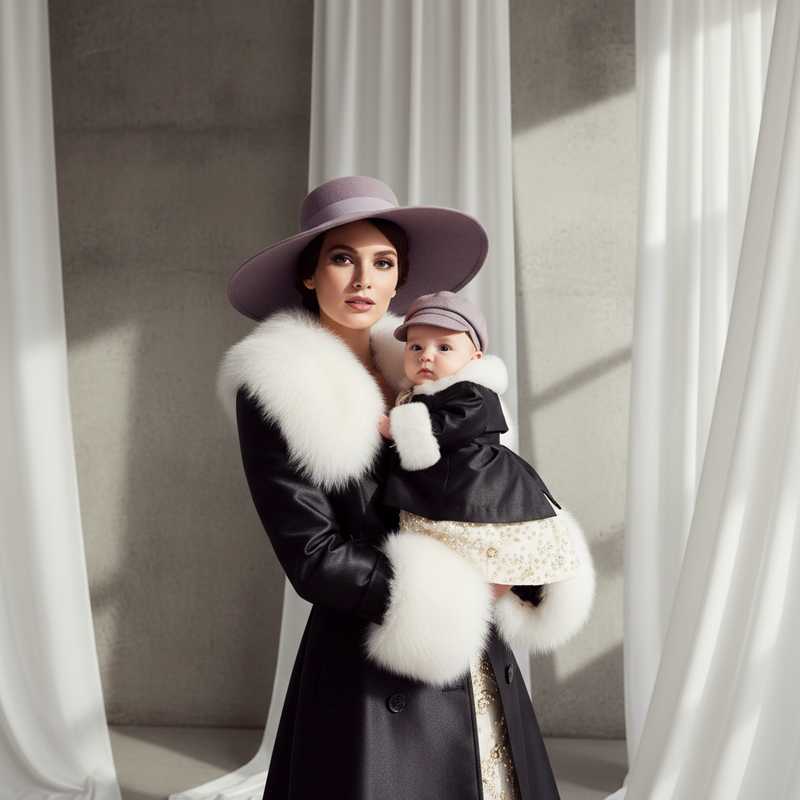 Rihanna draagt lila hoed en zwarte trenchcoat met witte bont naast baby Rocki in wit couture hoofdtooi voor W Magazine cover