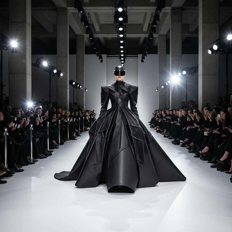 Haute couture runway show with avant-garde Balenciaga design at Paris Couture Week Fall 2026 presentation