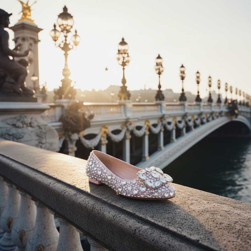 Close-up van Roger Vivier SS26 pastelroze platte schoen met Swarovski-kristallen gesp gefotografeerd bij Parijse Pont Alexandre III brug