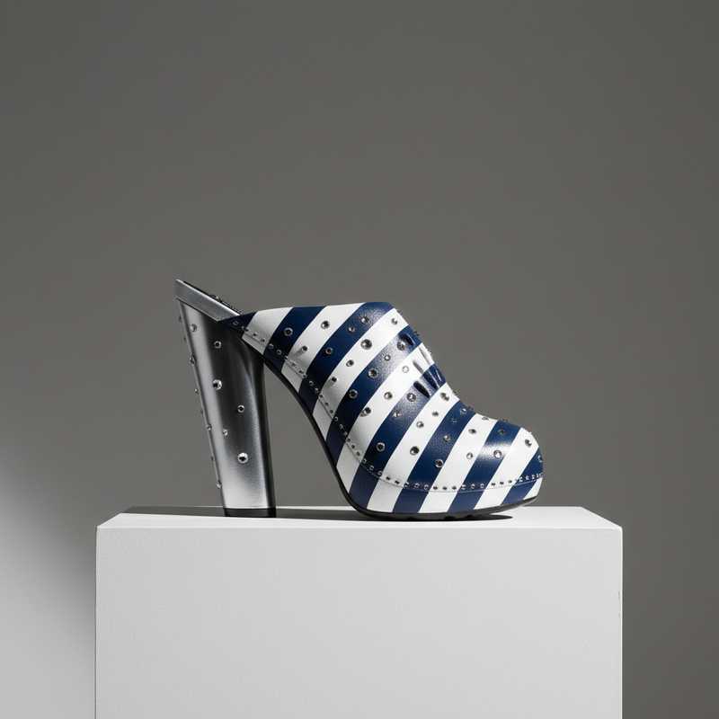 Luxury foam clog with sculptural cone heel, metallic finish, crystal details and striped pattern from Crocs x Jean-Paul Gaultier collaboration