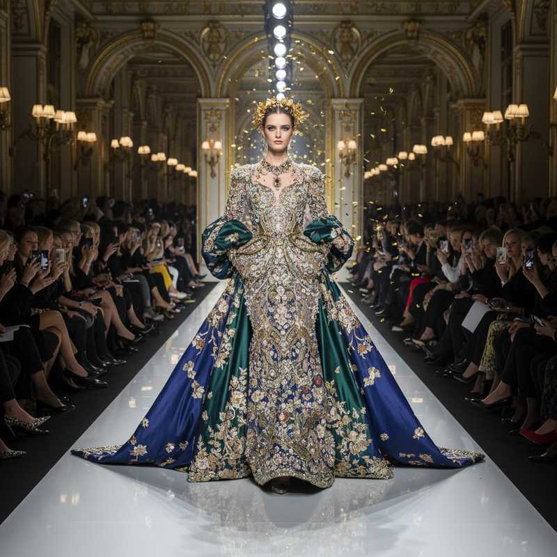 Model walking in elaborate embellished gown during Tamara Ralph Spring Summer 2026 haute couture show at Paris Fashion Week