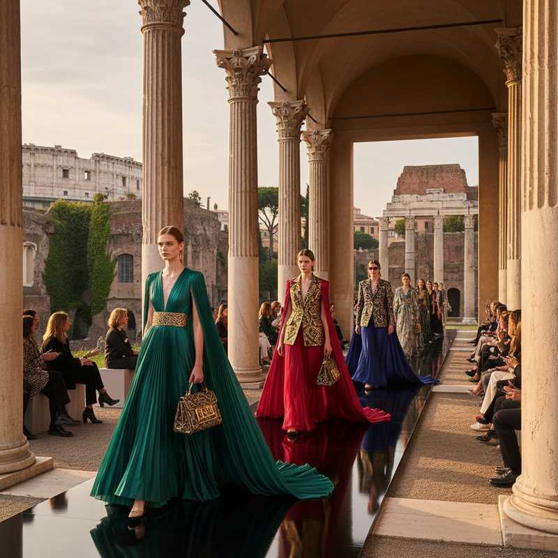 Haute couture runway show in historic Roman setting with classical architecture and luxury fashion models